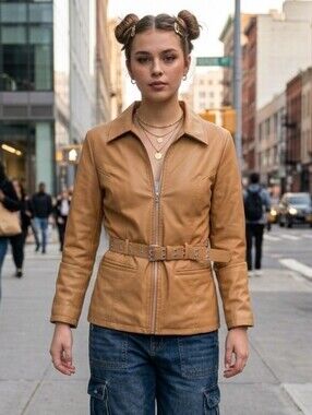 Rave M Vintage 90s Y2K Utility Streetwear Camel Faux Leather Belted Jacket